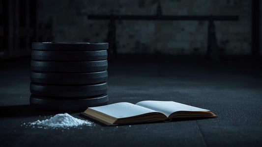 Discos de pesas apilados y cuaderno de entrenamiento - Aether Strength