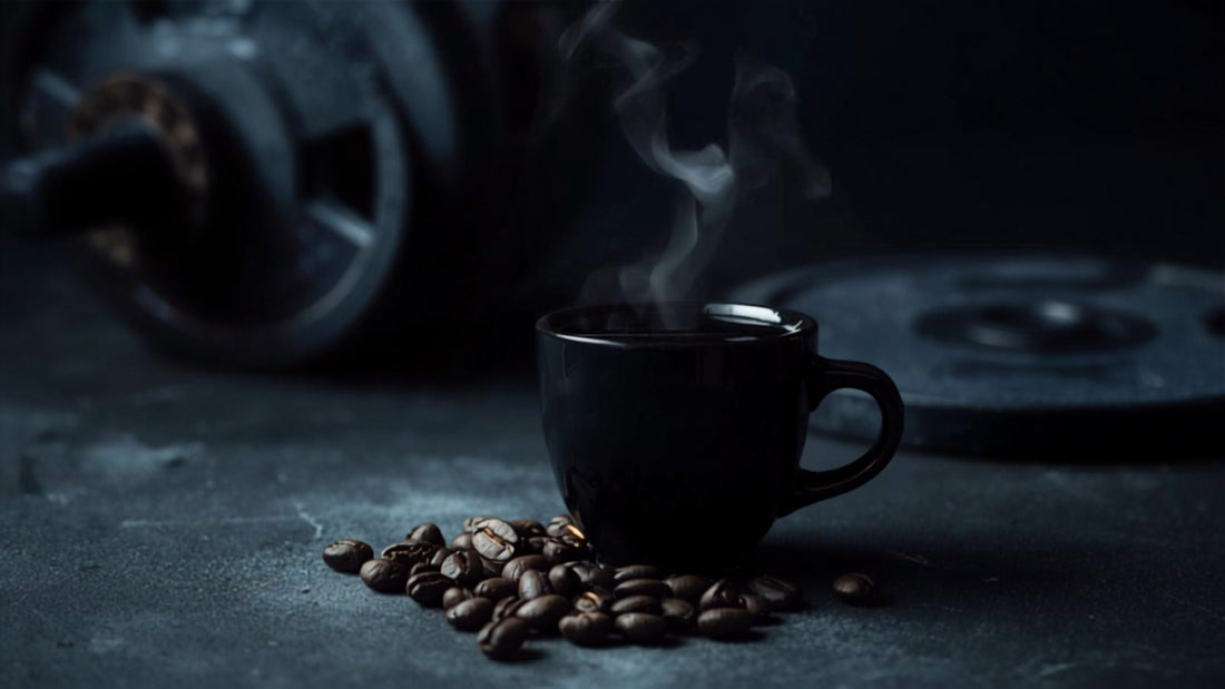 Cafe espresso junto a discos de pesas en gimnasio - Aether Strength