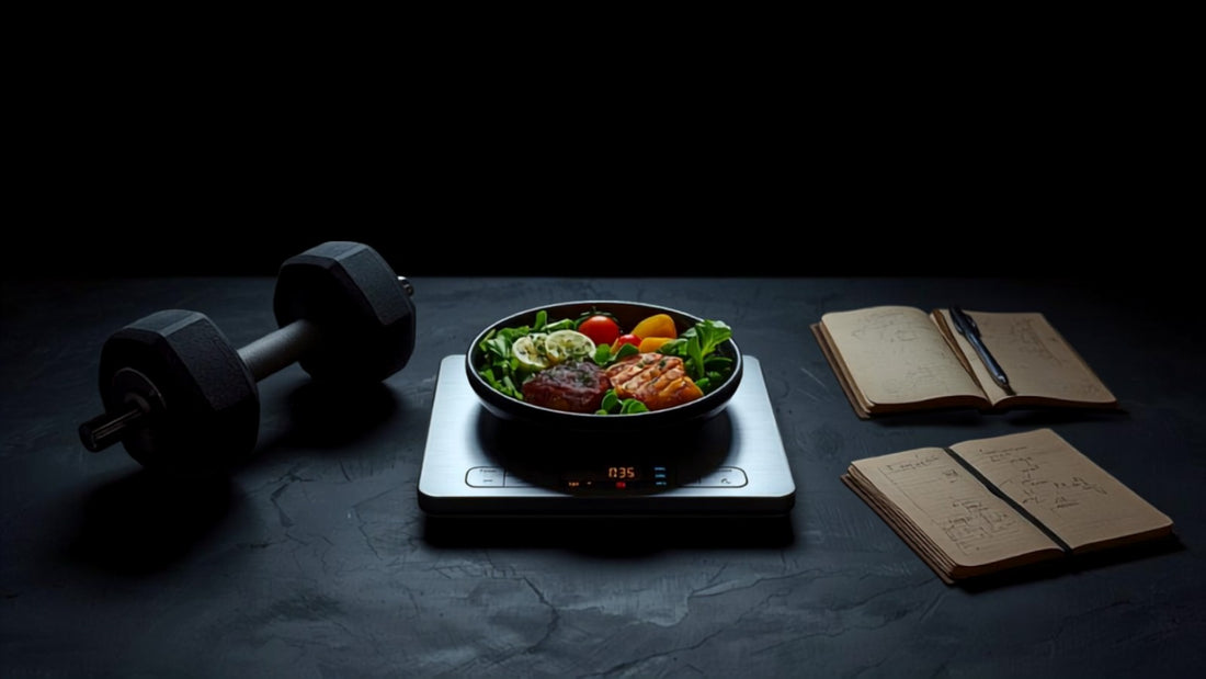Bascula de cocina con comida medida y mancuerna - Aether Strength