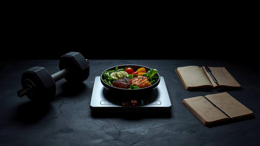Bascula de cocina con comida medida y mancuerna - Aether Strength
